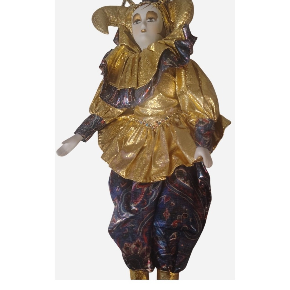 Vintage Porcelain Harlequin Jester Doll Gold Metallic Paisley Carnival Decor